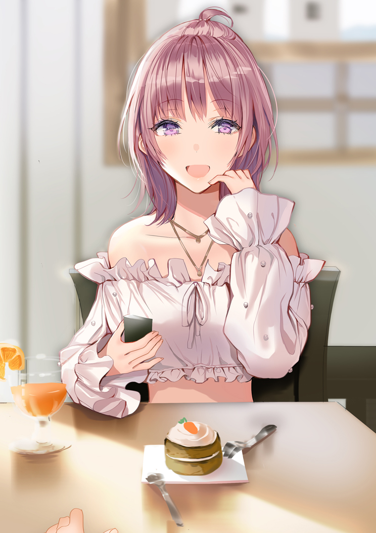 1girl :d ahoge blurry brown_hair cake carrot_cake chair collarbone crop_top cup depth_of_field drinking_glass food fork frilled_shirt frills hand_up holding jewelry lloule long_sleeves looking_at_viewer midriff necklace off-shoulder_shirt off_shoulder open_mouth original plate pov pov_hands shirt short_hair sidelocks sitting smile solo table violet_eyes white_shirt
