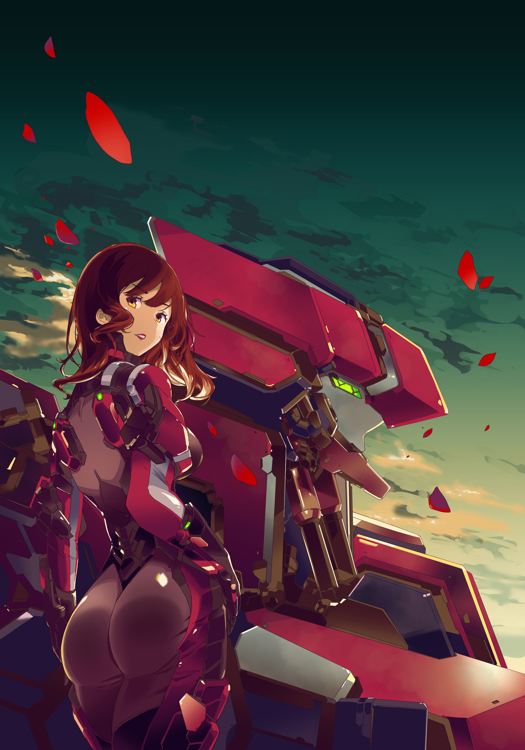 1girl ass breasts brown_eyes brown_hair dusk eirun_last_code eyebrows_visible_through_hair highres large_breasts long_hair looking_at_viewer mecha mikoto_akemi official_art original pilot_suit solo