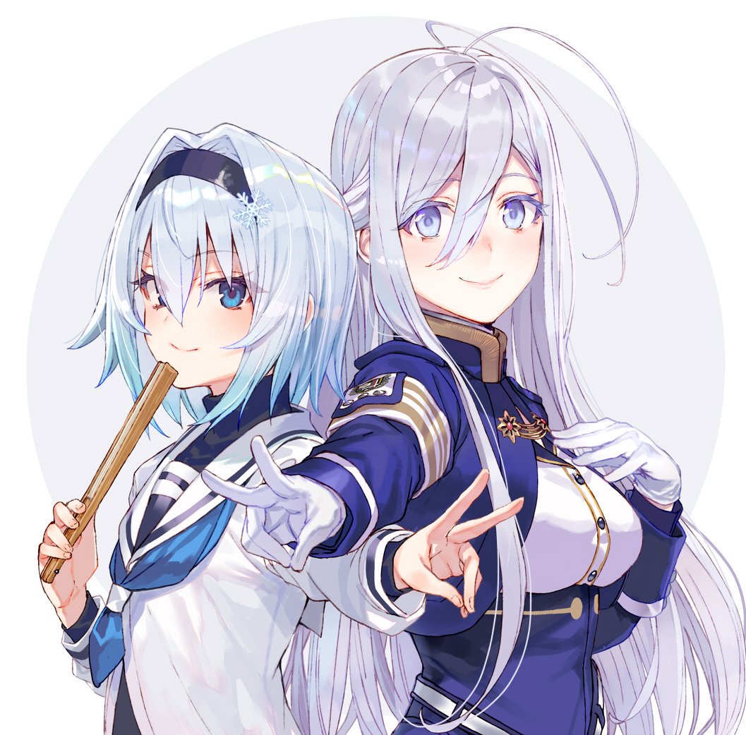 2girls 86_-eightysix- antenna_hair blue_eyes breasts closed_mouth cropped_jacket crossover fan flat_chest folding_fan from_side gloves grey_eyes hair_between_eyes hair_ornament hairband hand_on_own_chest long_hair medium_breasts multiple_girls outstretched_arm ryuuou_no_oshigoto! school_uniform serafuku shirabi short_hair silver_hair simple_background smile snowflake_hair_ornament sora_ginko turtleneck underbust v vladilena_millize white_gloves
