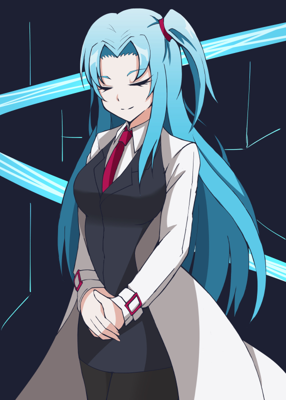 1girl angela_(lobotomy_corporation) black_legwear blue_hair closed_mouth coat cowboy_shot eyebrows_visible_through_hair hair_intakes hands_together kinohal95 labcoat legs_together lobotomy_corporation long_hair long_sleeves necktie one_side_up open_clothes open_coat pantyhose red_neckwear smile solo white_coat