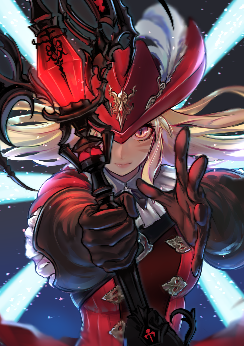1girl black_gloves blonde_hair breasts casting_spell closed_mouth feathers final_fantasy final_fantasy_xiv gem gloves glowing glowing_weapon hat hat_feather highres holding holding_weapon miqo'te potion_lilac red_eyes red_headwear slit_pupils solo upper_body weapon whisker_markings