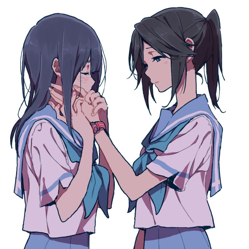 2girls bangs black_hair hand_on_another's_cheek hand_on_another's_face hibike!_euphonium kasaki_nozomi liz_to_aoi_tori long_hair looking_at_another multiple_girls neckerchief ponytail ree_(re-19) school_uniform short_sleeves skirt watch yoroizuka_mizore yuri