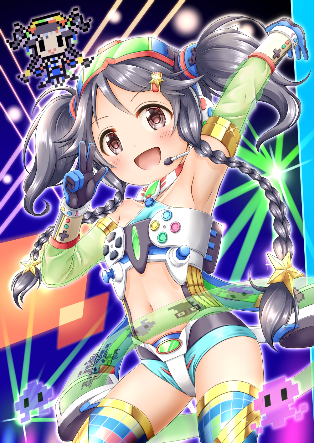 1girl :d arm_up armpits bangs bare_shoulders black_gloves black_hair blue_leotard blush braid brown_eyes center_opening collarbone commentary_request crop_top detached_sleeves eyebrows_visible_through_hair glint gloves green_sleeves hair_ornament hairclip headset highres idolmaster idolmaster_cinderella_girls leotard long_hair long_sleeves looking_at_viewer low_twintails miyoshi_sana navel open_mouth pixel_art regular_mow see-through see-through_silhouette sleeveless smile star star_hair_ornament thigh-highs twin_braids twintails v-shaped_eyebrows very_long_hair