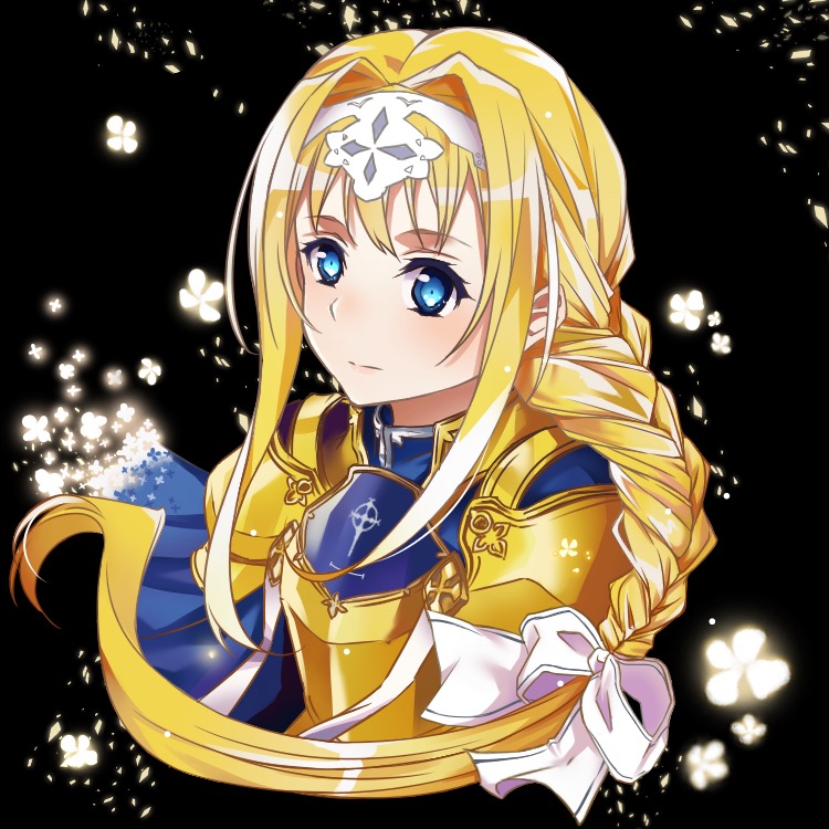 1girl alice_schuberg bangs black_background blonde_hair blue_cape blue_eyes braided_ponytail breastplate cape closed_mouth cropped_torso floating_hair hair_intakes hairband long_hair poi_himeya ponytail shiny shiny_hair shoulder_armor solo sword_art_online upper_body very_long_hair white_hairband