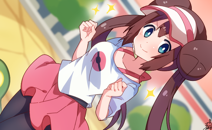 1girl black_legwear blue_eyes brown_hair clenched_hands collarbone double_bun hair_between_eyes mei_(pokemon) omuretsu pantyhose pink_skirt pokemon pokemon_(game) pokemon_bw2 raglan_sleeves signature skirt smile solo twintails visor_cap