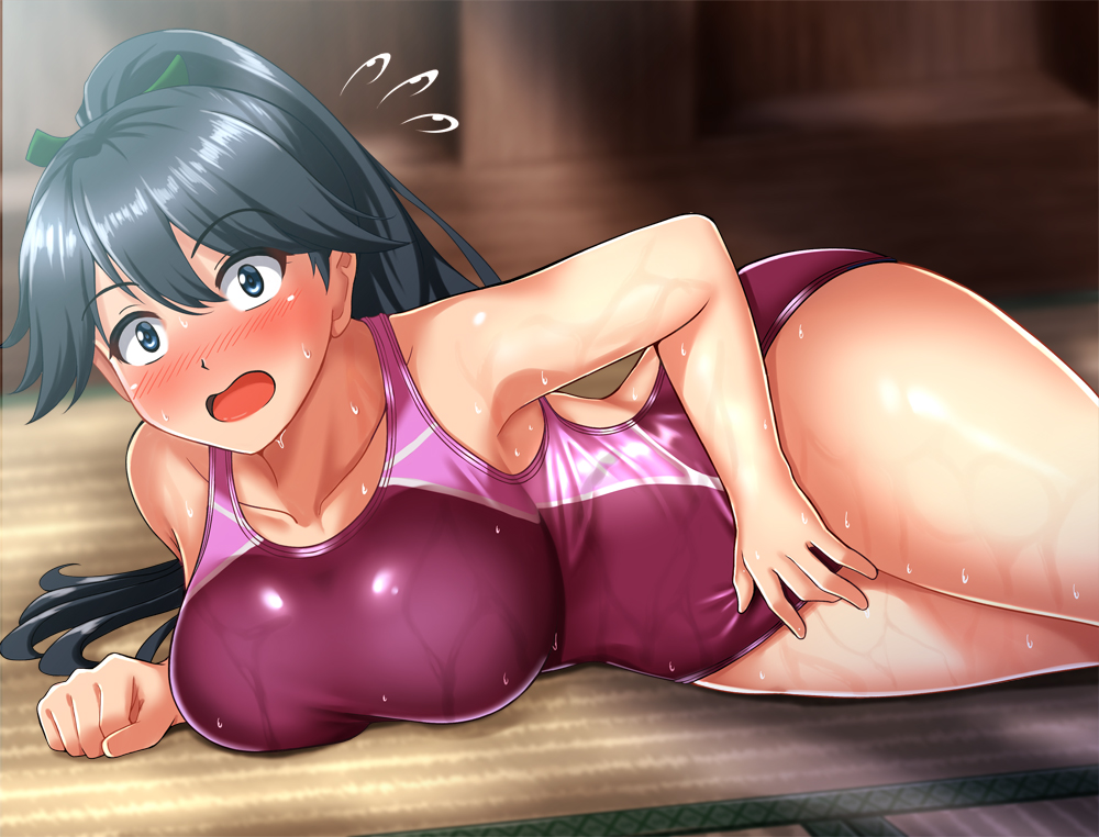 1girl alternate_costume bangs bare_shoulders blue_hair blush breasts collarbone commentary_request competition_swimsuit cowboy_shot eyebrows_visible_through_hair flying_sweatdrops hair_between_eyes high_ponytail highleg highleg_swimsuit houshou_(kantai_collection) kantai_collection large_breasts long_hair looking_at_viewer lying nose_blush on_side one-piece_swimsuit open_mouth ponytail solo sweat swimsuit wet zanntetu