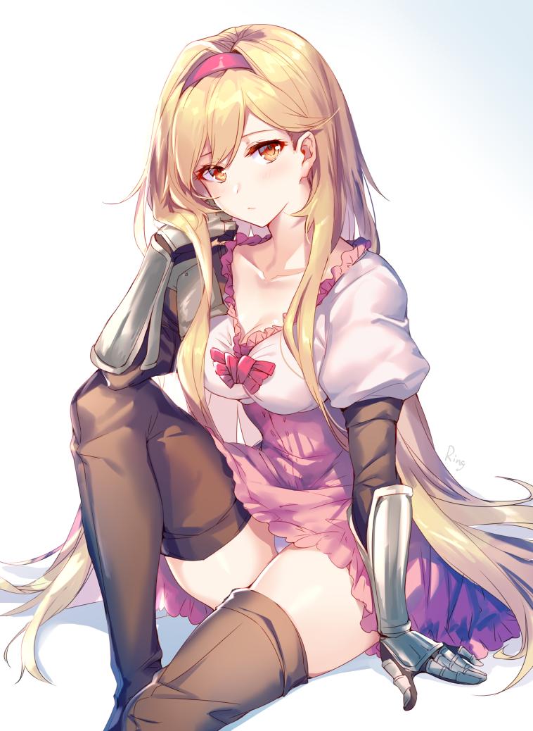 aki663 alternate_hair_length alternate_hairstyle black_legwear blonde_hair djeeta_(granblue_fantasy) dress fighter_(granblue_fantasy) gauntlets granblue_fantasy hairband long_hair pink_dress pink_hairband puffy_short_sleeves puffy_sleeves short_sleeves sitting thigh-highs