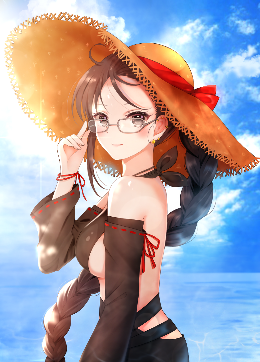 1girl adjusting_eyewear bangs bare_shoulders black_dress blue_sky blush bow braid breasts brown_eyes brown_hair brown_headwear closed_mouth clouds cloudy_sky commentary_request consort_yu_(fate) day dress fate/grand_order fate_(series) glasses grey-framed_eyewear hand_up hat hat_bow heroic_spirit_festival_outfit horizon long_hair long_sleeves looking_at_viewer looking_to_the_side medium_breasts nasii ocean outdoors red_bow revision ribbon-trimmed_sleeves ribbon_trim sideboob single_braid sky smile solo straw_hat very_long_hair water wide_sleeves