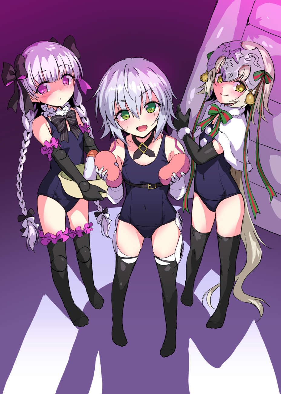 3girls ahoge bandaged_arm bandages bangs bare_shoulders bell black_bow black_gloves black_legwear blue_swimsuit blush bow braid breasts capelet choker closed_mouth collarbone covered_navel doll_joints elbow_gloves facial_scar fate/apocrypha fate/extra fate/grand_order fate_(series) frilled_choker frills full_body fur-trimmed_capelet fur_trim gloves green_bow green_eyes hair_between_eyes headpiece highres inflatable_raft jack_the_ripper_(fate/apocrypha) jeanne_d'arc_(fate)_(all) jeanne_d'arc_alter_santa_lily licking_lips long_hair looking_at_viewer marugoshi_(54burger) multiple_girls nursery_rhyme_(fate/extra) one-piece_swimsuit open_mouth ribbon scar scar_across_eye scar_on_cheek short_hair shoulder_tattoo silver_hair small_breasts smile striped striped_ribbon swimsuit tattoo tongue tongue_out twin_braids violet_eyes white_capelet yellow_eyes