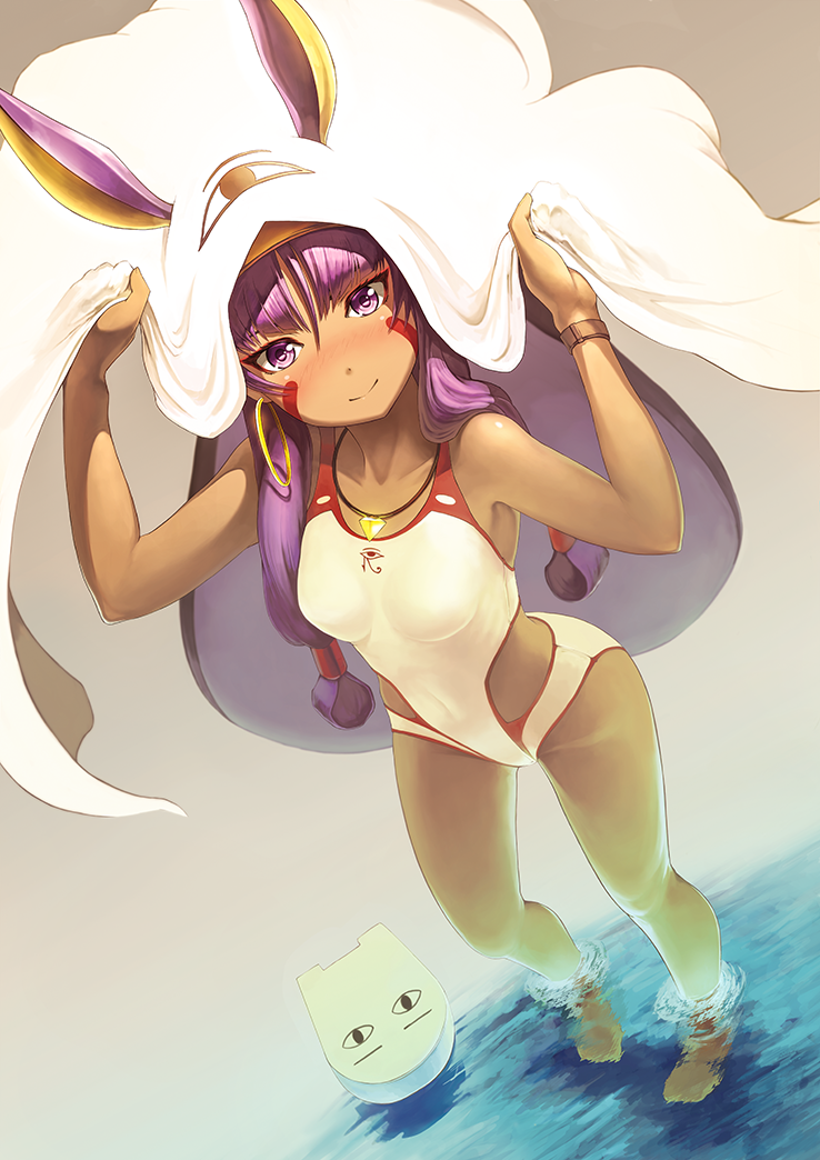 1girl animal_ears arms_up bangs bare_arms bare_shoulders blush brown_background casual_one-piece_swimsuit closed_mouth collarbone commentary_request cosplay dutch_angle eyebrows_visible_through_hair facial_mark fate/grand_order fate_(series) hair_between_eyes jackal_ears jewelry kickboard long_hair looking_at_viewer medjed medjed_(cosplay) nitocris_(fate/grand_order) nitocris_(swimsuit_assassin)_(fate) nose_blush one-piece_swimsuit pendant pixiv_fate/grand_order_contest_2 purple_hair revision smile solo standing swimsuit very_long_hair violet_eyes wading water white_swimsuit yoka1chi