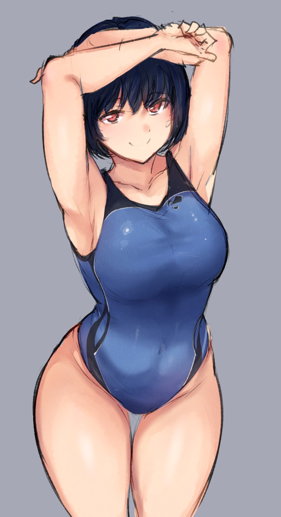 1girl alp arms_up black_hair blue_swimsuit collarbone competition_swimsuit cowboy_shot disconnected_mouth grey_background highres looking_at_viewer one-piece_swimsuit orange_eyes original short_hair simple_background smile solo standing swimsuit thigh_gap wide_hips