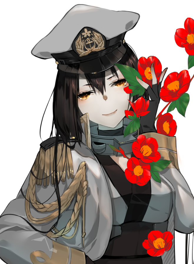 1girl alternate_costume black_hair camellia epaulettes flower hat kantai_collection long_hair looking_at_viewer military military_uniform nagato_(kantai_collection) naval_uniform nello_(luminous_darkness) peaked_cap red_eyes simple_background smile solo uniform upper_body white_background white_headwear