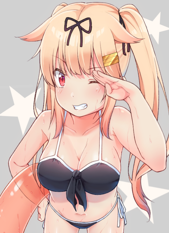 1girl alternate_hairstyle bikini black_bikini black_ribbon blonde_hair gradient_hair grey_background grin hair_flaps hair_ornament hair_ribbon hairclip innertube jabittoson kantai_collection leaning_forward long_hair looking_at_viewer multicolored_hair red_eyes remodel_(kantai_collection) ribbon salute side-tie_bikini simple_background smile solo standing swimsuit twintails yuudachi_(kantai_collection)