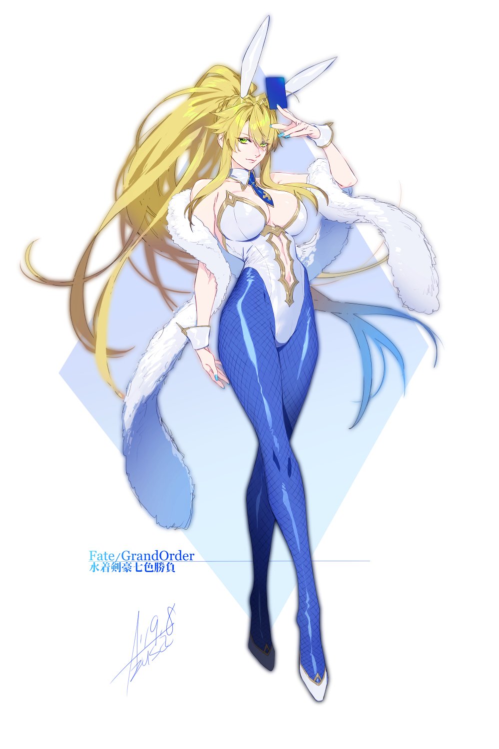 1girl animal_ears artoria_pendragon_(all) artoria_pendragon_(swimsuit_ruler)_(fate) azusa_(hws) bare_shoulders blonde_hair blue_legwear blue_neckwear breasts bunnysuit card commentary_request copyright_name detached_collar fate/grand_order fate_(series) full_body green_eyes hair_between_eyes highres holding holding_card large_breasts leotard long_hair long_legs looking_at_viewer nail_polish navel_cutout necktie pantyhose ponytail rabbit_ears serious sidelocks signature simple_background solo standing two-tone_background wrist_cuffs