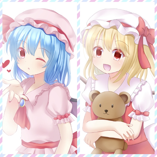 2girls :d :o arm_at_side arm_up bat_wings blonde_hair blown_kiss blue_hair blush brooch cravat eyebrows_visible_through_hair fang flandre_scarlet hair_between_eyes hat hat_ribbon heart holding holding_stuffed_animal jewelry mob_cap multiple_girls one_eye_closed open_hand open_mouth pink_headwear pink_shirt pink_skirt puffy_short_sleeves puffy_sleeves red_eyes red_nails red_neckwear red_skirt red_vest remilia_scarlet ribbon shirt short_hair short_sleeves siblings side_ponytail sisters skirt skirt_set smile split_screen standing striped_border stuffed_animal stuffed_toy teddy_bear touhou upper_body vest white_background white_headwear white_shirt wings yukina_kurosaki