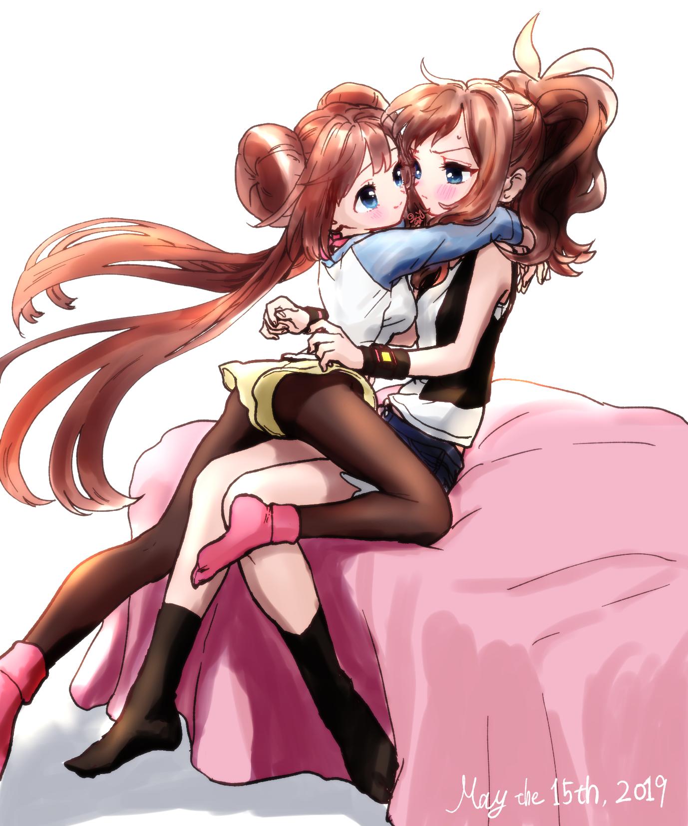 2girls arms_behind_head ass bangs bed black_legwear black_vest black_wristband blue_eyes blush breasts brown_hair closed_mouth cutoffs denim denim_shorts double_bun full_body hair_between_eyes highres hug knees long_hair mei_(pokemon) minapo multiple_girls on_bed pantyhose pink_legwear pokemon pokemon_(game) pokemon_bw pokemon_bw2 shorts simple_background smile thighs touko_(pokemon) vest yellow_shorts yuri