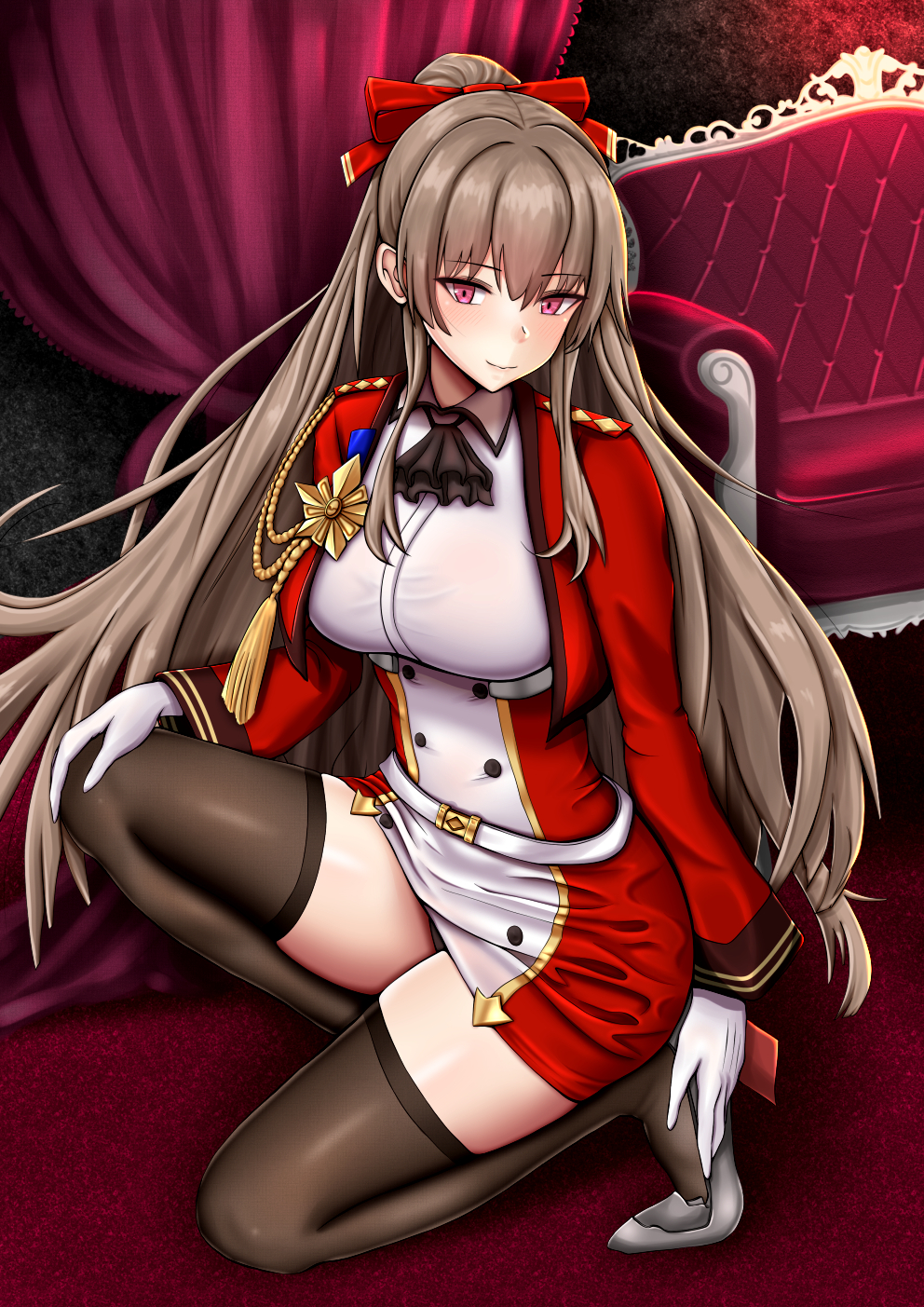 1girl aiguillette azur_lane bangs black_legwear blush breasts brown_hair closed_mouth commentary_request couch cropped_jacket curtains full_body gloves hair_between_eyes hair_ribbon high_heels highres jacket large_breasts long_hair looking_at_viewer medal moepush one_knee panties ponytail red_jacket red_ribbon revision ribbon rudder_footwear shoes sidelocks smile solo swiftsure_(azur_lane) thigh-highs tsurime underwear very_long_hair white_gloves white_panties zettai_ryouiki
