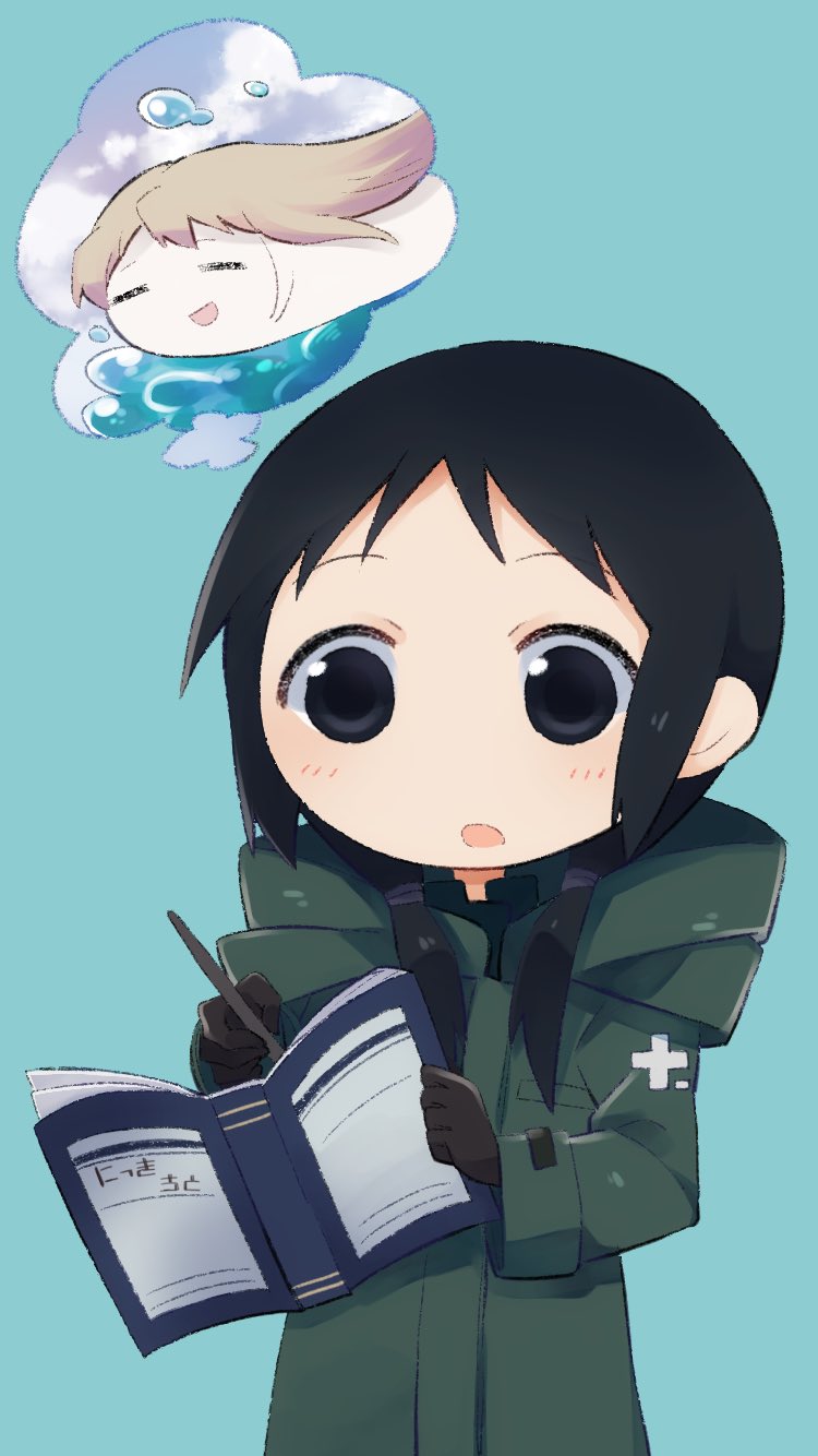 bangs black_eyes black_hair blue_background book chito_(shoujo_shuumatsu_ryokou) creature gloves hair_over_shoulder highres holding holding_book hood hood_down military military_uniform open_mouth shoujo_shuumatsu_ryokou simple_background solo_focus tareme thought_bubble twintails uniform upper_body writing yuuri_(shoujo_shuumatsu_ryokou) zarameru_(tsukumo)