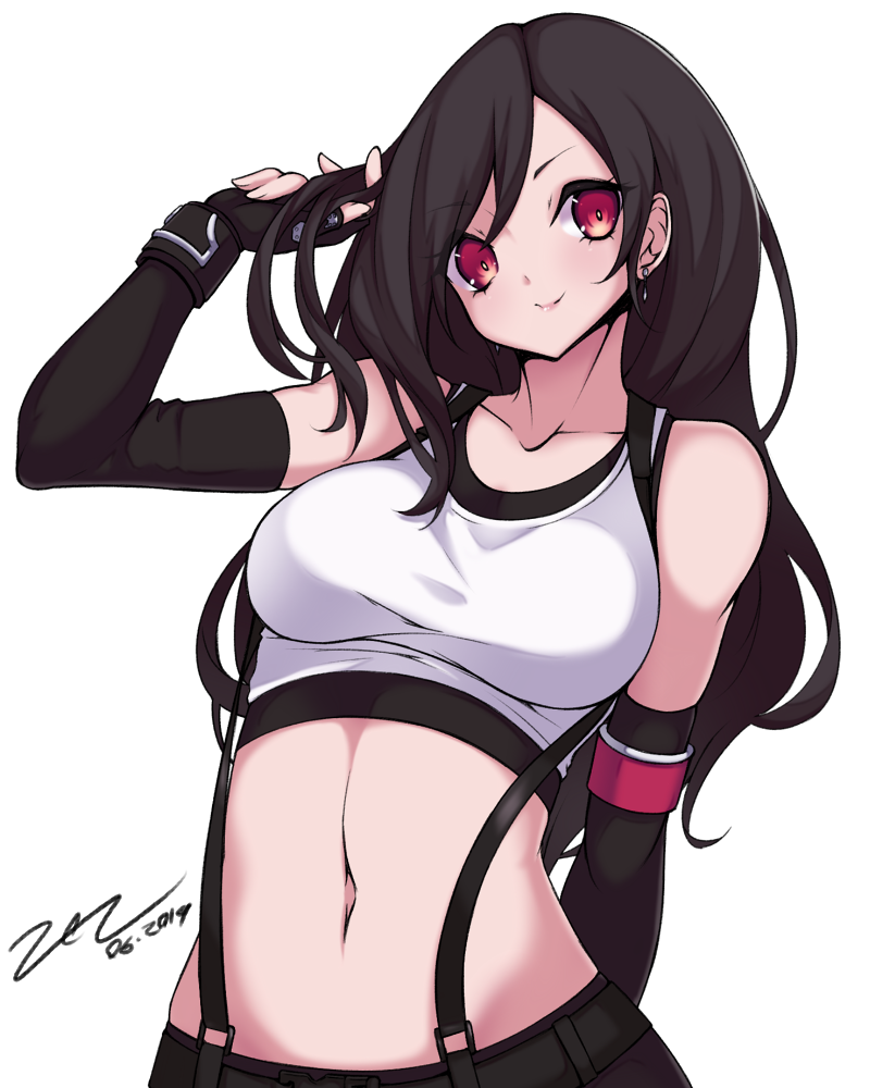 1girl black_hair breasts closed_mouth commentary_request earrings elbow_gloves final_fantasy final_fantasy_vii fingerless_gloves gloves jewelry long_hair looking_at_viewer midriff navel red_eyes scarlet_zel simple_background smile solo suspenders tank_top tifa_lockhart white_background