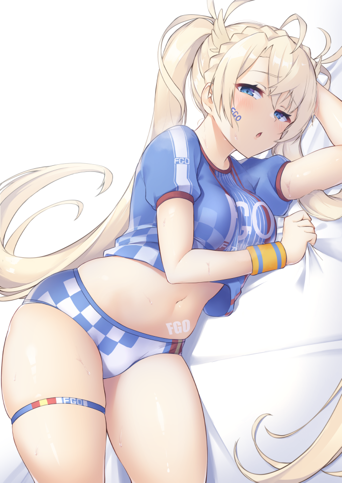 1girl :o alternate_costume bangs bikini_bottom blonde_hair blue_eyes bodypaint bradamante_(fate/grand_order) braid breasts commentary_request crown_braid facepaint fate/grand_order fate_(series) french_braid hair_between_eyes heroic_spirit_festival_outfit jersey large_breasts logo long_hair lying navel on_bed on_side p!nta shirt shirt_lift short_sleeves skindentation solo thigh_strap thighs towel very_long_hair white_background wristband