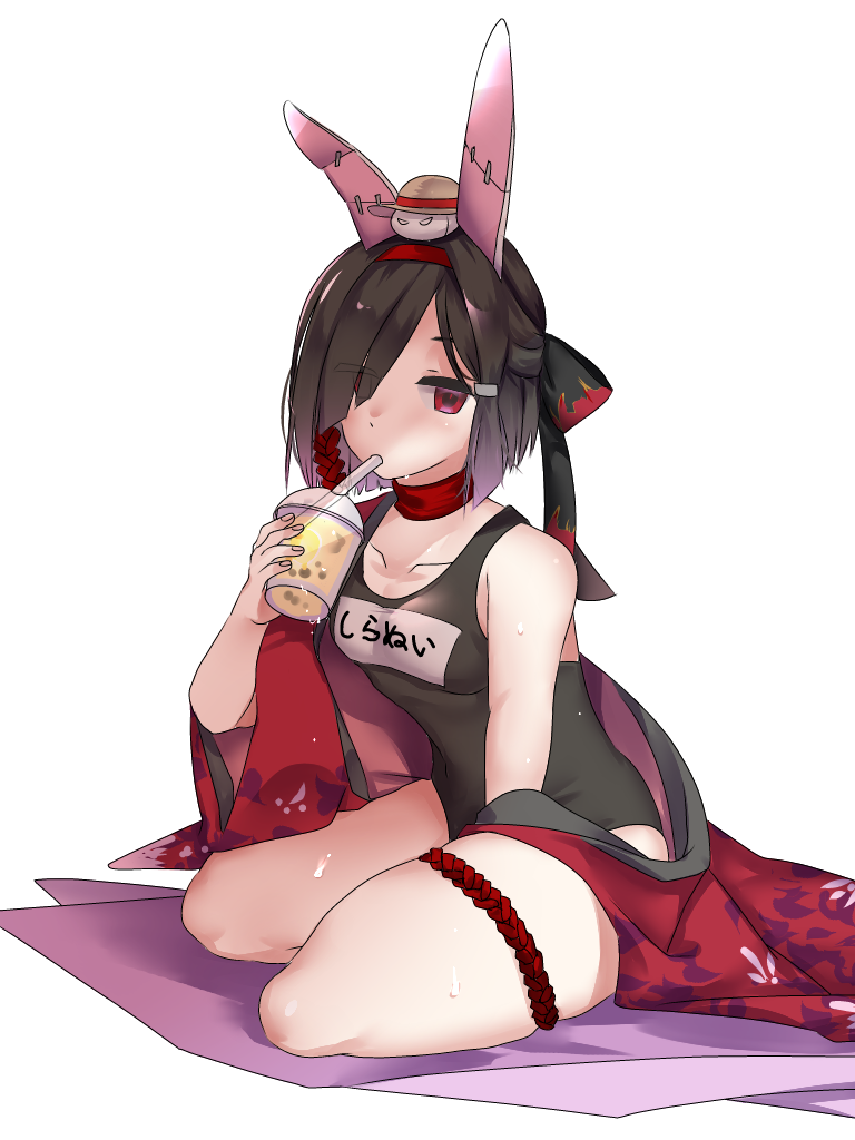 1girl alternate_costume animal_ears azur_lane bangs bare_shoulders black_hair black_swimsuit bubble_tea choker collarbone commentary_request cup disposable_cup drinking_straw drinking_straw_in_mouth expressionless fake_animal_ears hair_over_one_eye hair_ribbon holding holding_cup japanese_clothes jitome kimono looking_at_viewer metal1020 off_shoulder rabbit_ears red_eyes ribbon ribbon_choker school_swimsuit shiranui_(azur_lane) short_hair sidelocks simple_background solo swimsuit swimsuit_under_clothes thigh_ribbon water_drop wet white_background