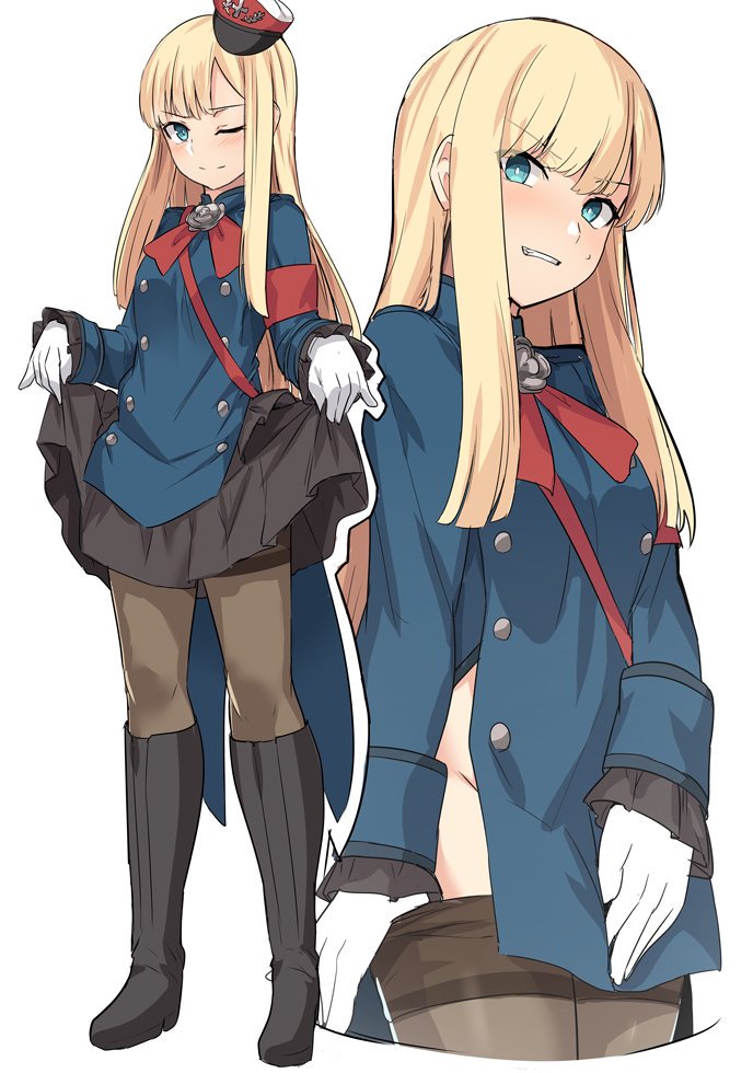 1girl bangs black_footwear black_legwear black_skirt blonde_hair blue_eyes blush boots breasts commentary eyebrows_visible_through_hair fate/grand_order fate_(series) flower full_body gloves hair_ornament hat long_hair long_sleeves looking_at_viewer lord_el-melloi_ii_case_files multiple_views one_eye_closed pantyhose pantyhose_pull pulled_by_self reines_el-melloi_archisorte shiseki_hirame simple_background skirt smile solo teeth white_gloves