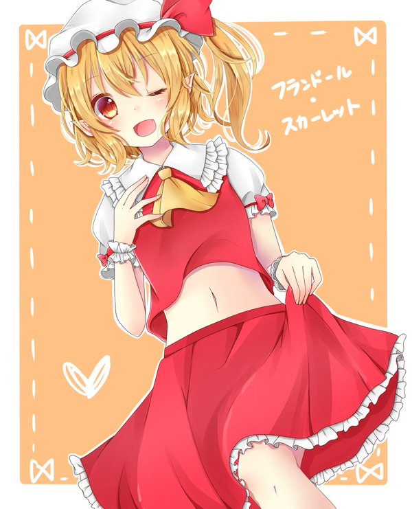 1girl ;d blonde_hair eyebrows_visible_through_hair flandre_scarlet frilled_skirt frills hair_between_eyes hat hat_ribbon long_hair looking_at_viewer medium_skirt midriff navel one_eye_closed open_mouth orange_background pointy_ears red_ribbon red_shirt red_skirt ribbon rinjinbu shiny shiny_hair shirt short_sleeves side_ponytail skirt skirt_hold smile solo standing stomach touhou white_background white_headwear white_sleeves yellow_neckwear