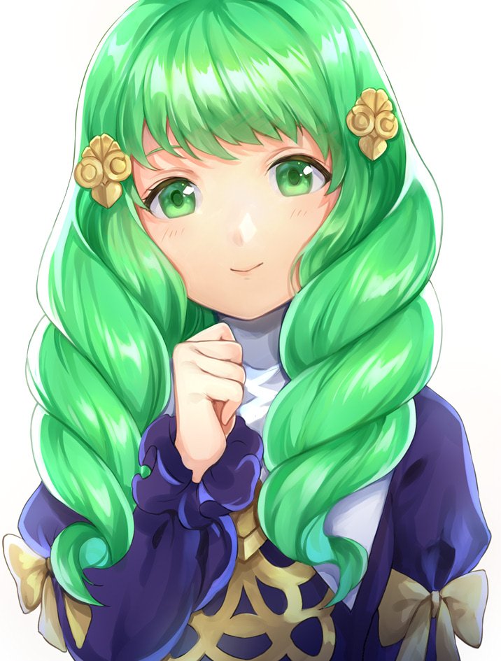 1girl blush bow closed_mouth drill_hair fire_emblem fire_emblem:_three_houses flayn_(fire_emblem) green_eyes green_hair hair_ornament hairclip jurge long_hair long_sleeves solo uniform upper_body white_background