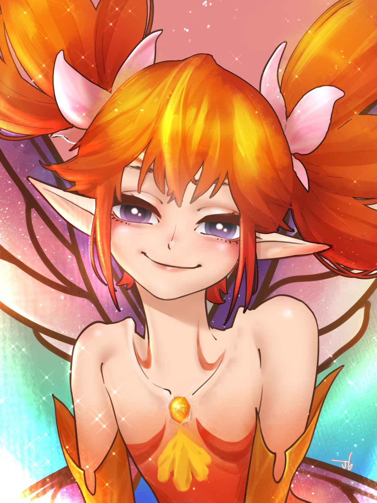 1girl bangs bare_shoulders butterfly_wings closed_mouth collarbone elbow_gloves fairy feo_ul final_fantasy final_fantasy_xiv flat_chest gloves highres looking_at_viewer multicolored multicolored_background orange_gloves orange_hair pointy_ears purple_wings quonononon short_twintails smile solo sparkle twintails upper_body violet_eyes wings