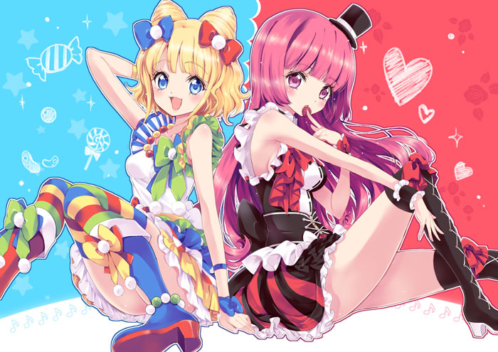 2girls :d armpits back-to-back bangs blonde_hair blue_eyes blunt_bangs blush boots bow breasts candy commentary dress eighth_note eyebrows_visible_through_hair flower food food_in_mouth frilled_skirt frills fruit hair_bow hand_behind_head hat heart high_heel_boots high_heels hime_cut houjou_sophie idol knee_boots lollipop long_hair looking_at_viewer medium_breasts minami_mirei mini_hat mini_top_hat multiple_girls musical_note open_mouth pink_eyes pink_hair pretty_(series) pripara red_flower red_rose rose short_hair sideboob sitting skirt sleeveless smile star striped striped_dress swirl_lollipop thigh-highs top_hat umeboshi wrapped_candy wristband yukiwo