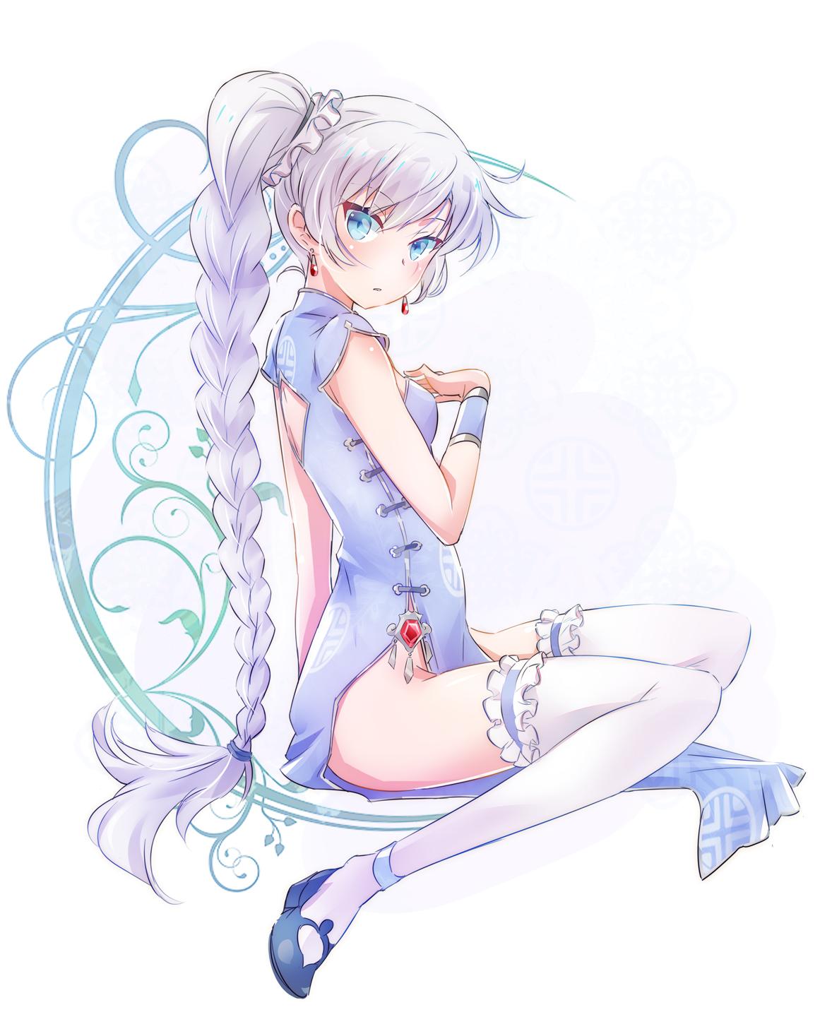 1girl back_cutout blue_eyes china_dress chinese_clothes cleavage_cutout dress earrings garters highres iesupa jewelry long_hair mary_janes ponytail rwby scar scar_across_eye shoes side_ponytail solo thigh-highs weiss_schnee white_hair