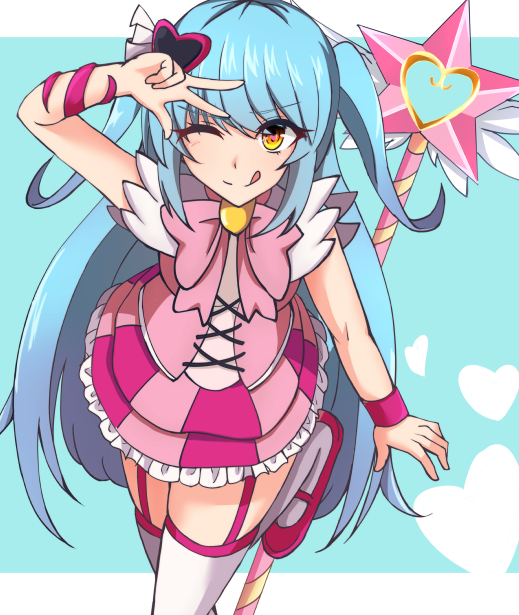 1girl ;) bangs closed_mouth cross-laced_clothes eyebrows_visible_through_hair frilled_skirt frills garter_straps hair_ornament heart heart_hair_ornament kinohal95 lobotomy_corporation long_hair magical_girl mary_janes miniskirt one_eye_closed pink_footwear pink_skirt queen_of_hatred shoes skirt sleeveless smile solo star striped striped_skirt thigh-highs tongue tongue_out two_side_up v-shaped_eyebrows vertical-striped_skirt vertical_stripes very_long_hair wand white_legwear wristband yellow_eyes zettai_ryouiki
