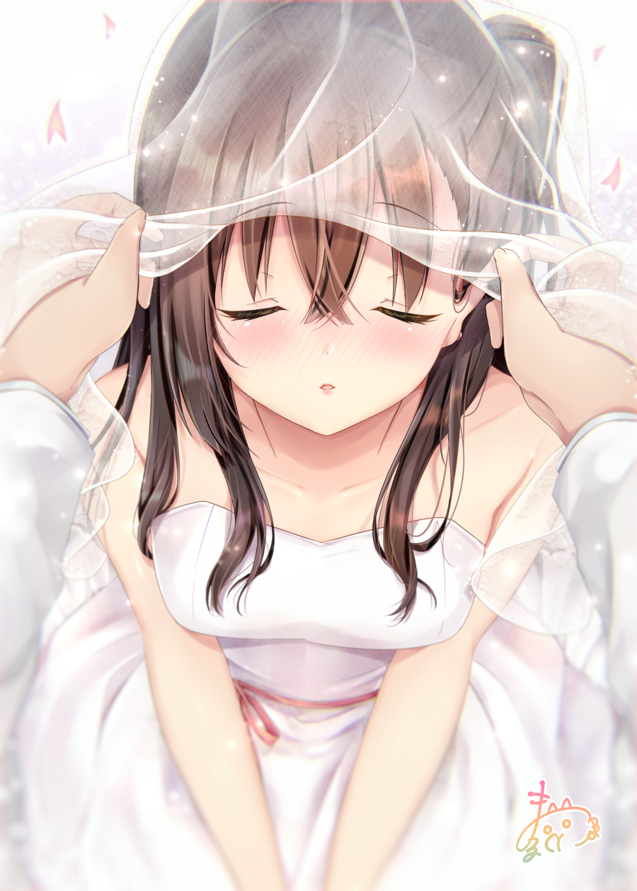 1boy 1girl bangs bare_arms bare_shoulders blurry blurry_foreground blush breasts bridal_veil brown_hair closed_eyes collarbone commentary_request depth_of_field dress eyebrows_visible_through_hair facing_viewer fingernails hair_between_eyes highres incoming_kiss long_hair long_sleeves maruma_(maruma_gic) medium_breasts nose_blush original parted_lips petals pov pov_hands see-through signature strapless strapless_dress veil white_dress