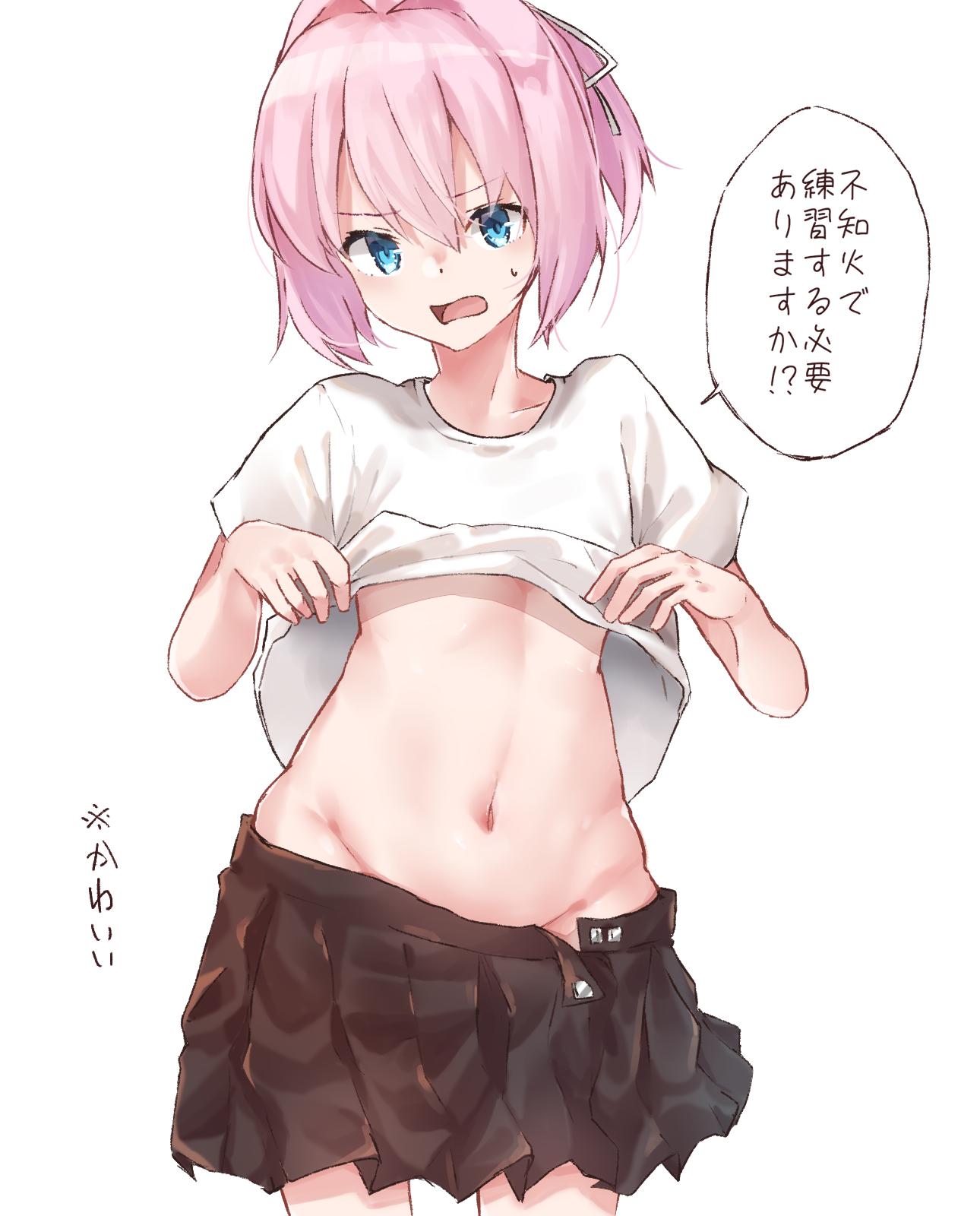 1girl bangs black_skirt blue_eyes blush eyebrows_visible_through_hair hair_ribbon highres hip_bones kantai_collection navel open_mouth pink_hair pleated_skirt ponytail ribbon shiranui_(kantai_collection) shirt shirt_lift short_sleeves simple_background skirt solo stomach sweat translation_request u_yuz_xx white_background white_ribbon white_shirt