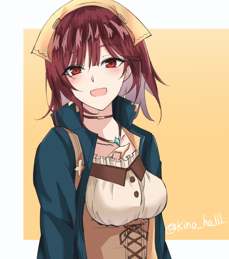 1girl :d atelier_(series) atelier_sophie bangs blue_coat breasts coat collarbone corset eyebrows_visible_through_hair head_scarf jewelry kinohal95 looking_at_viewer medium_breasts necklace open_clothes open_coat open_mouth purple_hair red_eyes smile solo sophie_neuenmuller twitter_username