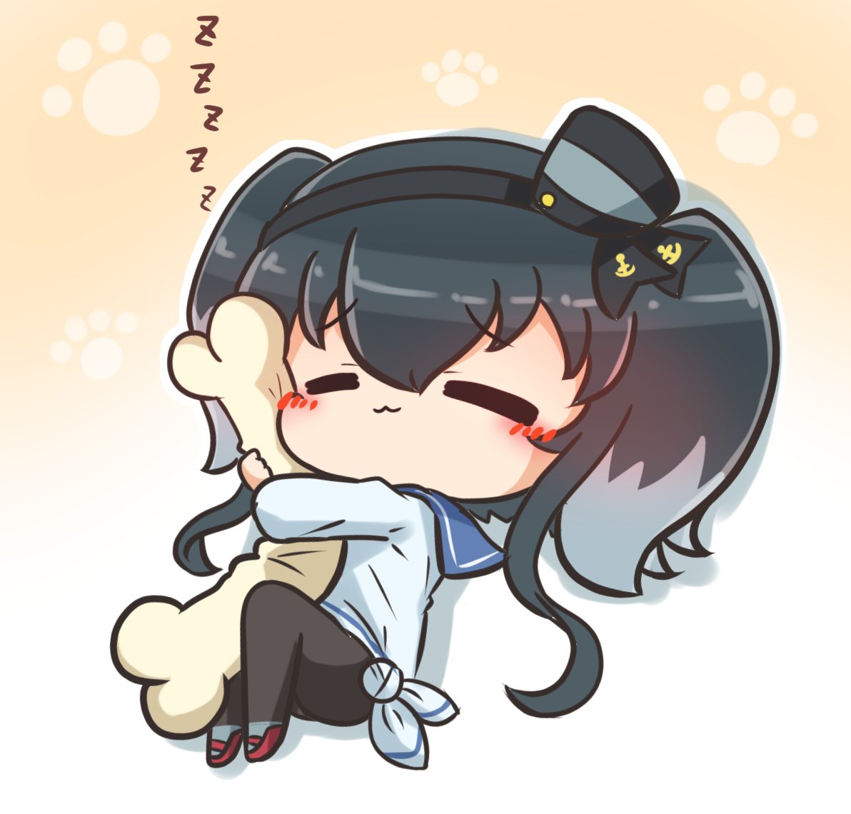 1girl :3 asimo953 bangs black_hair black_legwear blue_sailor_collar blush brown_background chibi closed_eyes closed_mouth commentary_request dress eyebrows_visible_through_hair gradient gradient_background grey_hair hair_between_eyes kantai_collection long_hair multicolored_hair outline pantyhose paw_background pillow pillow_hug red_footwear sailor_collar sailor_dress shoes sidelocks sleeping solo tokitsukaze_(kantai_collection) two-tone_hair two_side_up white_background white_dress white_outline zzz
