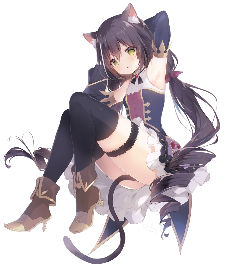 1girl animal_ear_fluff animal_ears arms_up bangs black_hair black_legwear blue_sleeves boots breasts brown_footwear cat_ears cat_girl cat_tail commentary_request detached_sleeves eyebrows_visible_through_hair frilled_skirt frills full_body green_eyes hair_between_eyes high_heel_boots high_heels kyaru_(princess_connect) long_hair long_sleeves low_twintails multicolored_hair princess_connect! princess_connect!_re:dive purple_skirt shiratama_(shiratamaco) shirt simple_background skirt sleeveless sleeveless_shirt small_breasts solo streaked_hair tail thigh-highs twintails very_long_hair white_background white_hair white_shirt