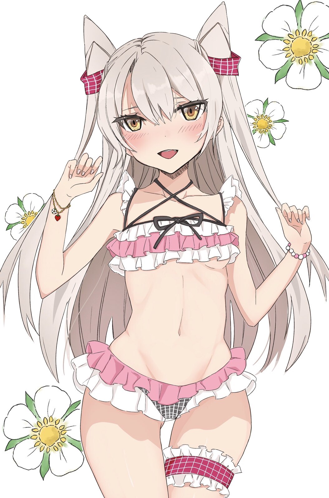 1girl amatsukaze_(kantai_collection) bangs bikini blush breasts chigasaki_y dot_nose eyelashes fang fingernails flower frilled_bikini frills highres hip_bones jewelry kantai_collection leg_garter long_hair navel open_mouth silver_hair small_breasts solo swimsuit two_side_up under_boob white_background white_flower wristband yellow_eyes