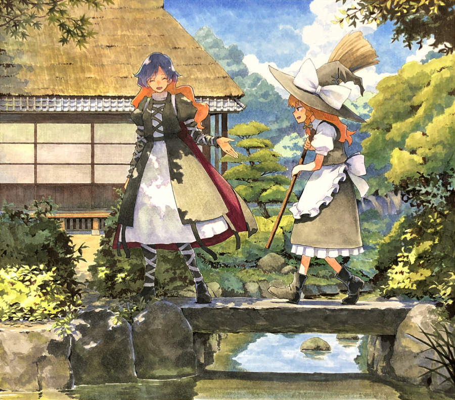 2girls apron arm_at_side arm_up bangs black_dress black_footwear black_skirt black_vest blonde_hair blush boots bow braid bridge broom building bush cape clouds dappled_sunlight day dress facing_viewer from_side gradient_hair grass hat hat_bow hijiri_byakuren holding holding_broom juliet_sleeves kirisame_marisa knee_boots long_hair long_sleeves looking_at_another marker_(medium) multicolored_hair multiple_girls nature open_clothes open_dress open_hand outdoors parted_bangs pink_hair puffy_sleeves purple_hair reflection shiratama_(hockey) short_sleeves sidelocks single_braid skirt skirt_set stone stream sunlight talking touhou traditional_media tree turtleneck vest waist_apron walking water white_dress witch_hat