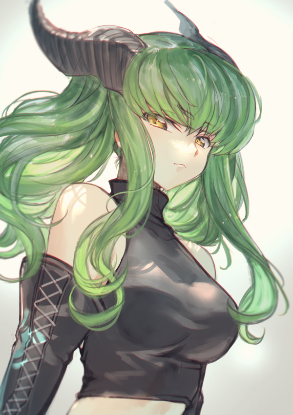 1girl bangs black_sleeves breasts c.c. closed_mouth code_geass creayus crop_top detached_sleeves eyebrows_visible_through_hair floating_hair green_hair horns long_hair long_sleeves looking_at_viewer medium_breasts shiny shiny_hair simple_background solo upper_body very_long_hair white_background yellow_eyes