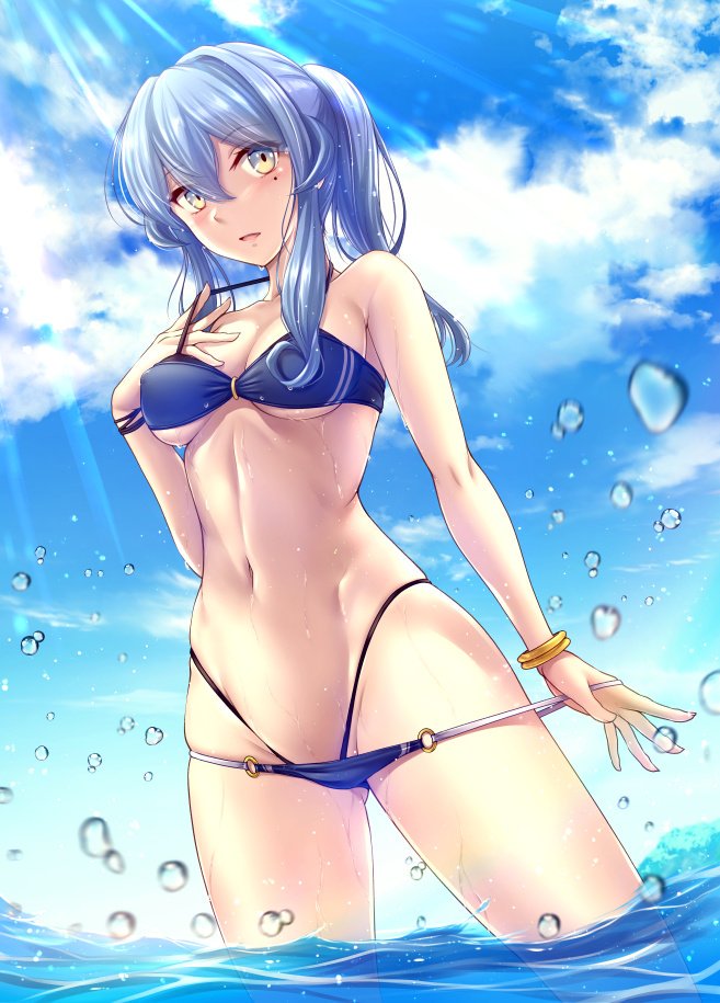 1girl bikini bikini_pull blue_eyes blue_hair blue_sky bracelet breasts clouds commentary_request cowboy_shot day gotland_(kantai_collection) highleg highleg_bikini highleg_swimsuit jewelry kantai_collection layered_bikini light_rays long_hair looking_at_viewer medium_breasts mole mole_under_eye outdoors ponytail pulled_by_self ryu-akt sky soaking_feet solo standing sunbeam sunlight swimsuit water
