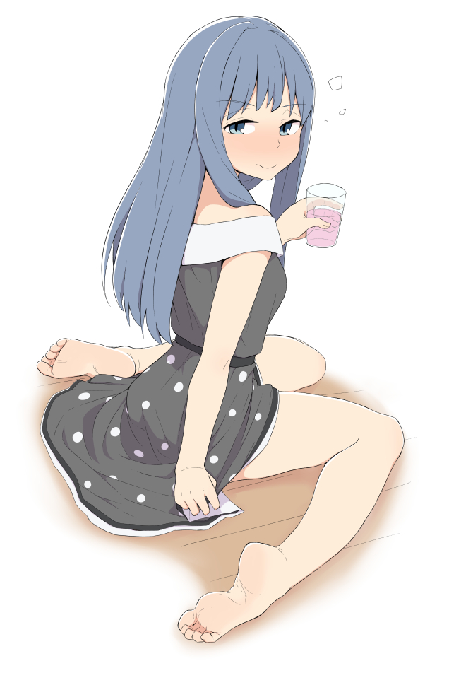 1girl barefoot black_dress blue_eyes blue_hair blush commentary cup dress drunk long_hair magia_record:_mahou_shoujo_madoka_magica_gaiden mahou_shoujo_madoka_magica nanami_yachiyo off_shoulder salpin sitting soles solo toes wariza white_background