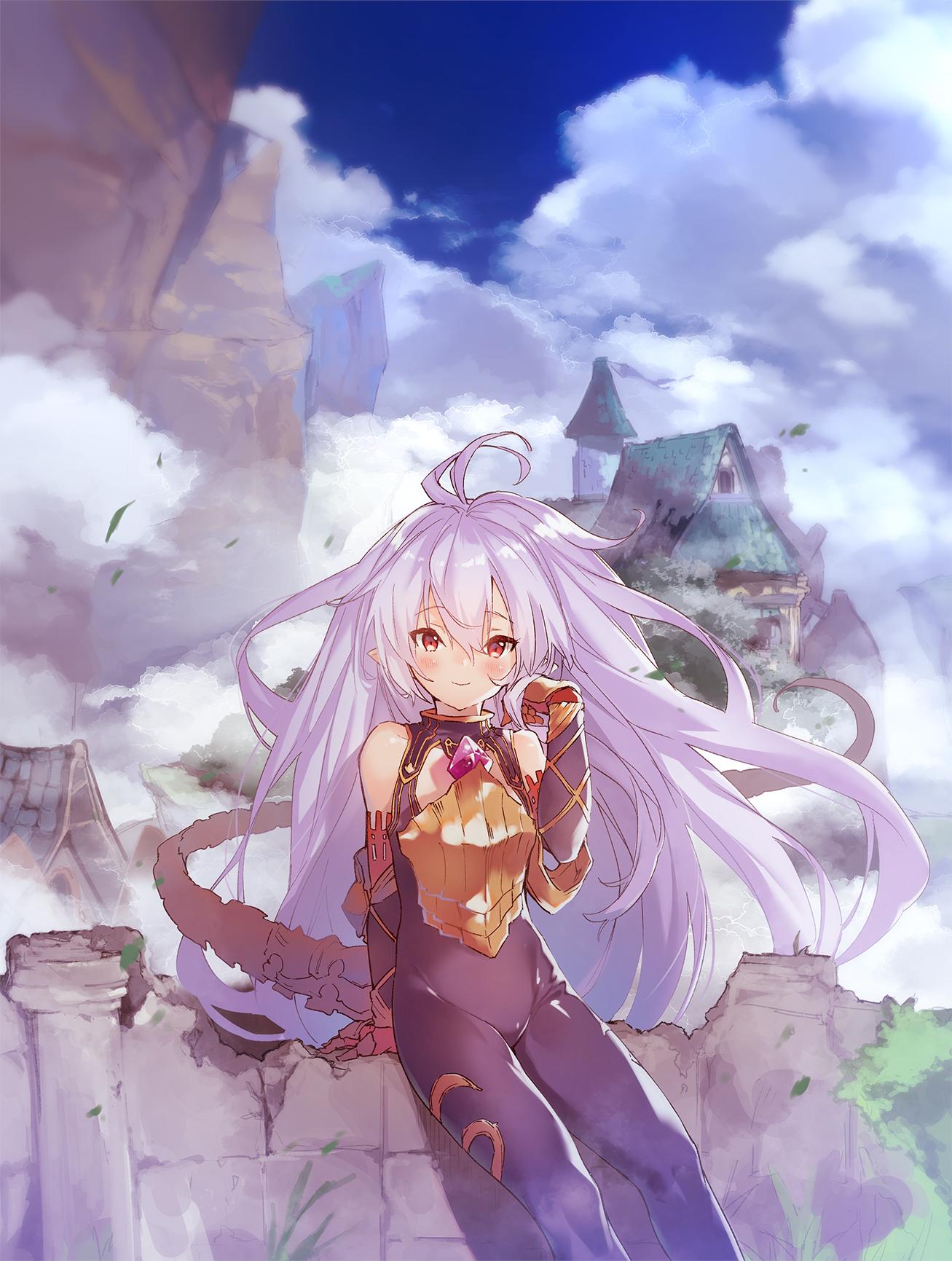 bare_shoulders bodysuit breastplate elbow_gloves gloves granblue_fantasy headpiece highres lavender_hair long_hair looking_at_viewer medusa_(shingeki_no_bahamut) outdoors red_eyes sawayaka_samehada shingeki_no_bahamut sitting smile tail very_long_hair