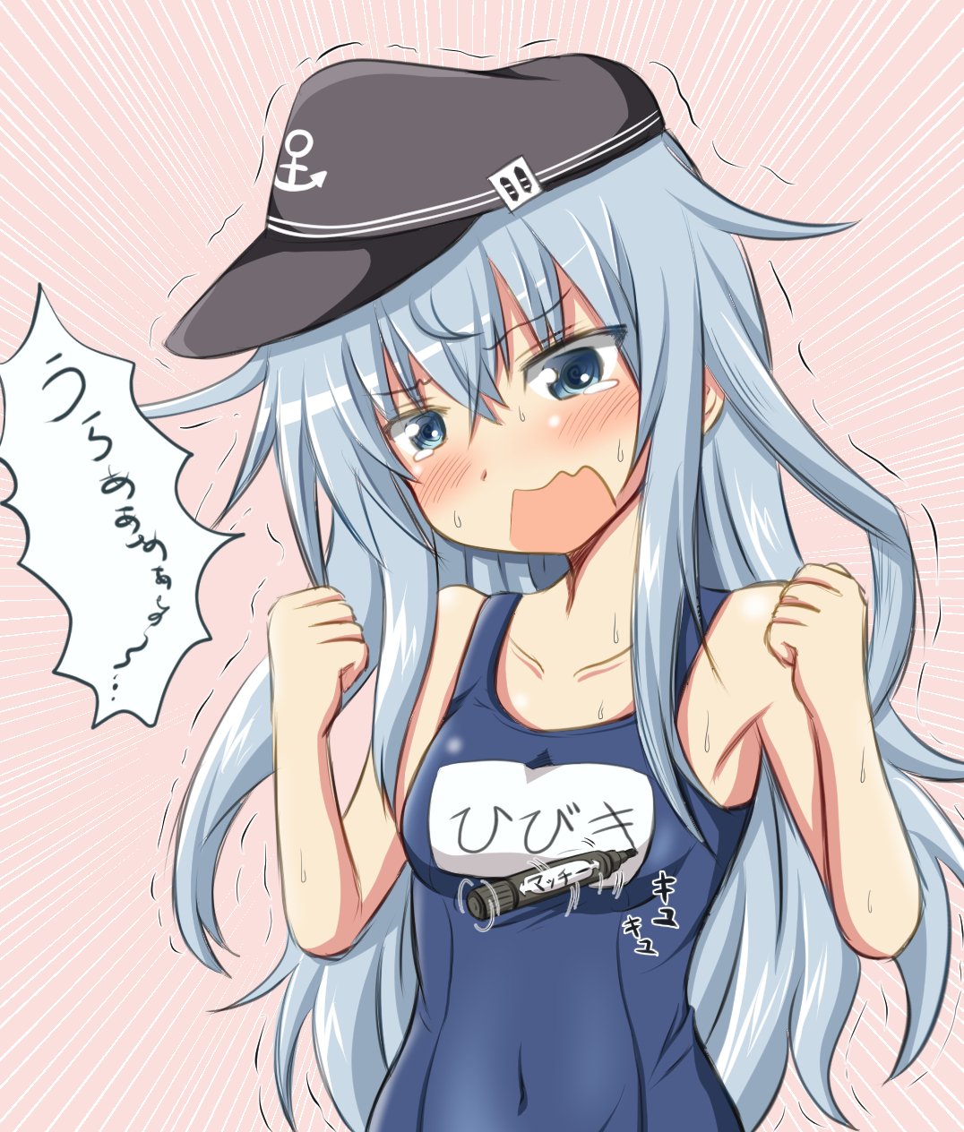 1girl bare_shoulders blush clenched_hands grey_eyes hat hibiki_(kantai_collection) highres kantai_collection long_hair marker open_mouth school_swimsuit silver_hair solo swimsuit tamayan tears translation_request trembling upper_body