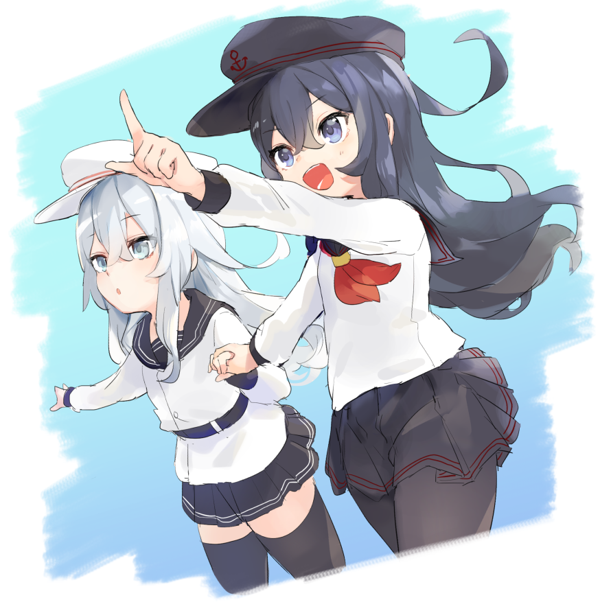 akatsuki_(kantai_collection) anchor_symbol black_hair black_legwear blue_eyes flat_cap hat hibiki_(kantai_collection) holding_hand kantai_collection long_hair mitamgr open_mouth pantyhose pointing school_uniform serafuku thigh-highs verniy_(kantai_collection) white_hair zettai_ryouiki