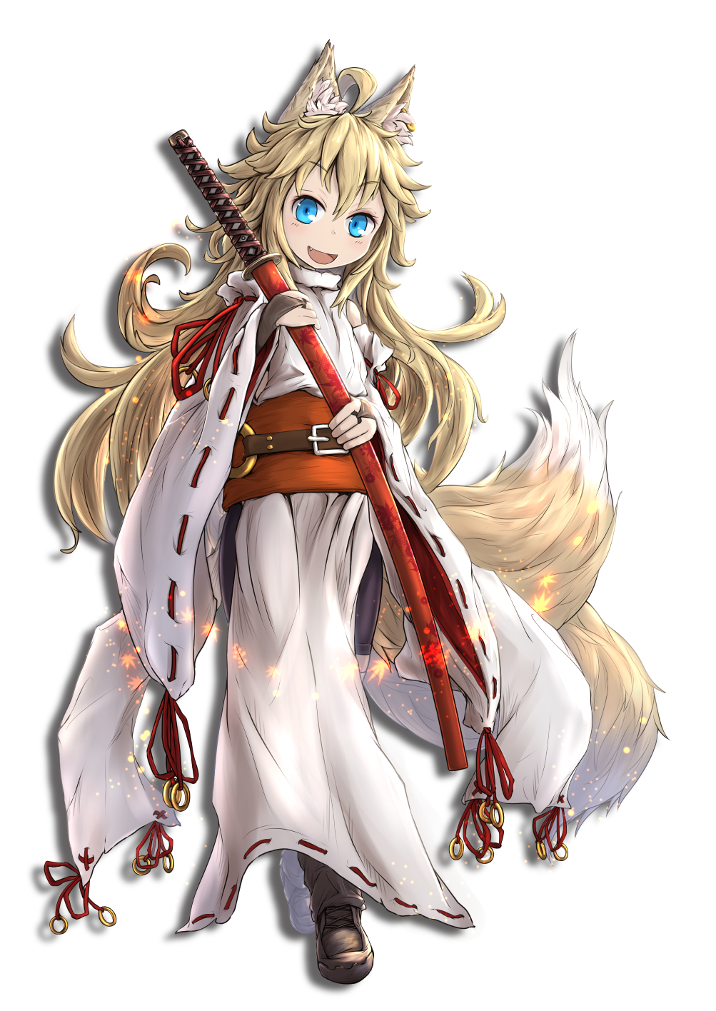 1girl :d ahoge animal_ear_fluff animal_ears belt blonde_hair blue_eyes bridal_gauntlets brown_footwear collared_shirt commentary_request detached_sleeves eyebrows_visible_through_hair fang fox_ears fox_girl full_body highres holding holding_weapon japanese_clothes katana kazekiri kimono long_hair looking_at_viewer messy_hair open_mouth original red_string shirt shoes smile solo string sword very_long_hair very_long_sleeves weapon white_shirt wide_sleeves