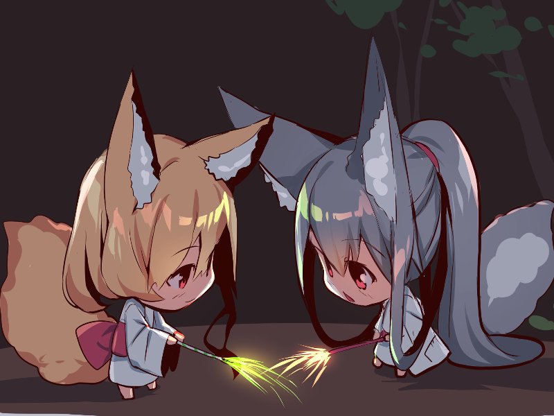 2girls absurdly_long_hair animal_ear_fluff animal_ears bangs barefoot blonde_hair blush chibi closed_mouth commentary_request eyebrows_visible_through_hair fireworks fox_ears fox_girl fox_tail hair_between_eyes holding japanese_clothes kimono long_hair long_sleeves looking_at_another multiple_girls night obi original outdoors parted_lips patches red_eyes sash silver_hair smile sparkler standing tail tail_raised tree very_long_hair white_kimono wide_sleeves yuuji_(yukimimi)