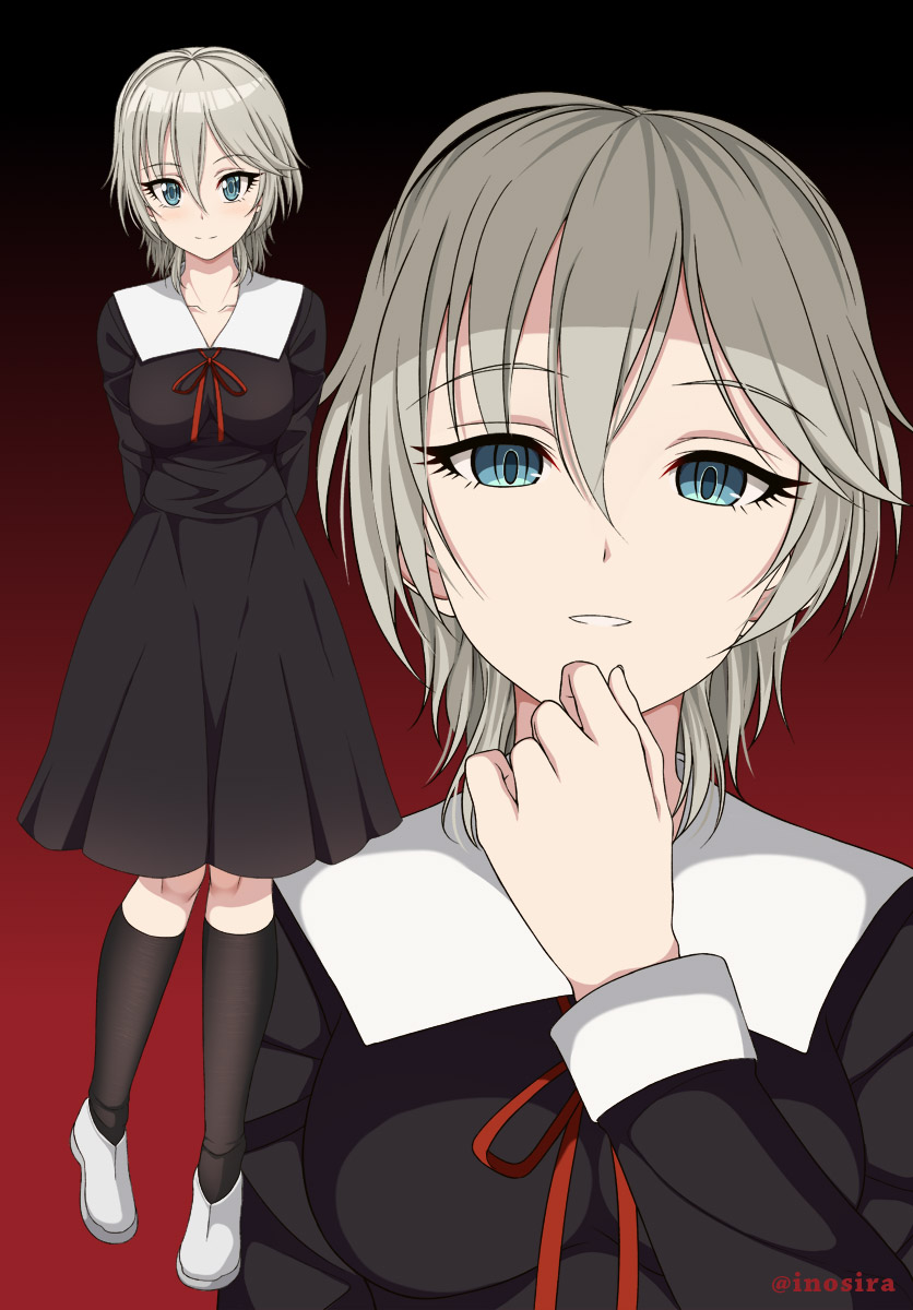 1girl anastasia_(idolmaster) arms_behind_back black_legwear blue_eyes closed_mouth commentary_request empty_eyes eyebrows_visible_through_hair gradient gradient_background half-closed_eyes hand_on_own_chin highres idolmaster idolmaster_cinderella_girls inoshira kaguya-sama_wa_kokurasetai_~tensai-tachi_no_renai_zunousen~ kneehighs light_smile long_sleeves medium_dress multiple_views neck_ribbon parted_lips red_background red_neckwear red_ribbon ribbon school_uniform shoes short_hair silver_hair smile twitter_username white_footwear