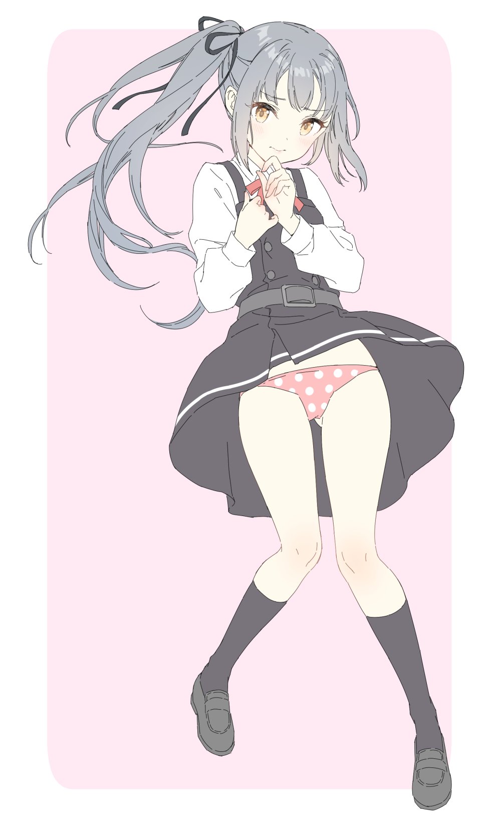 1girl belt black_dress black_legwear black_ribbon blush buttons closed_mouth dress eyebrows_visible_through_hair full_body grey_hair hair_ribbon highres kantai_collection kasumi_(kantai_collection) long_hair long_sleeves neck_ribbon panties pinafore_dress pink_panties polka_dot polka_dot_panties ponytail red_ribbon remodel_(kantai_collection) ribbon shiosoda shirt side_ponytail sleeveless sleeveless_dress socks solo underwear white_shirt