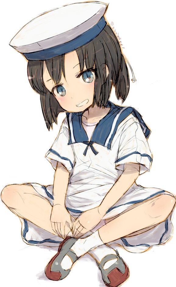 1girl alchera black_hair blue_eyes bob_cut daitou_(kantai_collection) dress full_body grin hat high_ponytail indian_style kantai_collection panties pantyshot pantyshot_(sitting) sailor_collar sailor_dress sailor_hat shoes short_hair short_sleeves sidelocks simple_background sitting smile solo underwear uwabaki white_background white_dress white_legwear white_panties